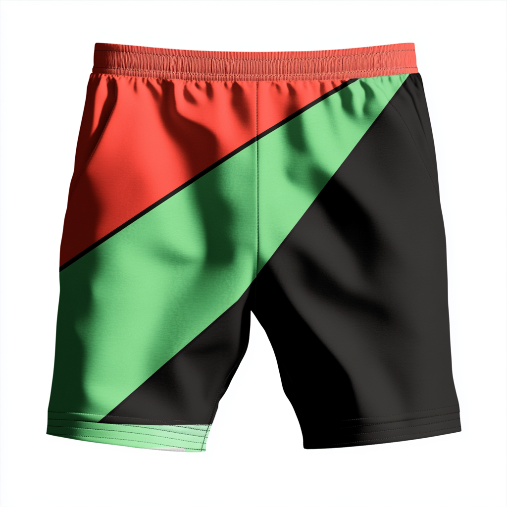 Men's swim short with flag design: red, green, black.