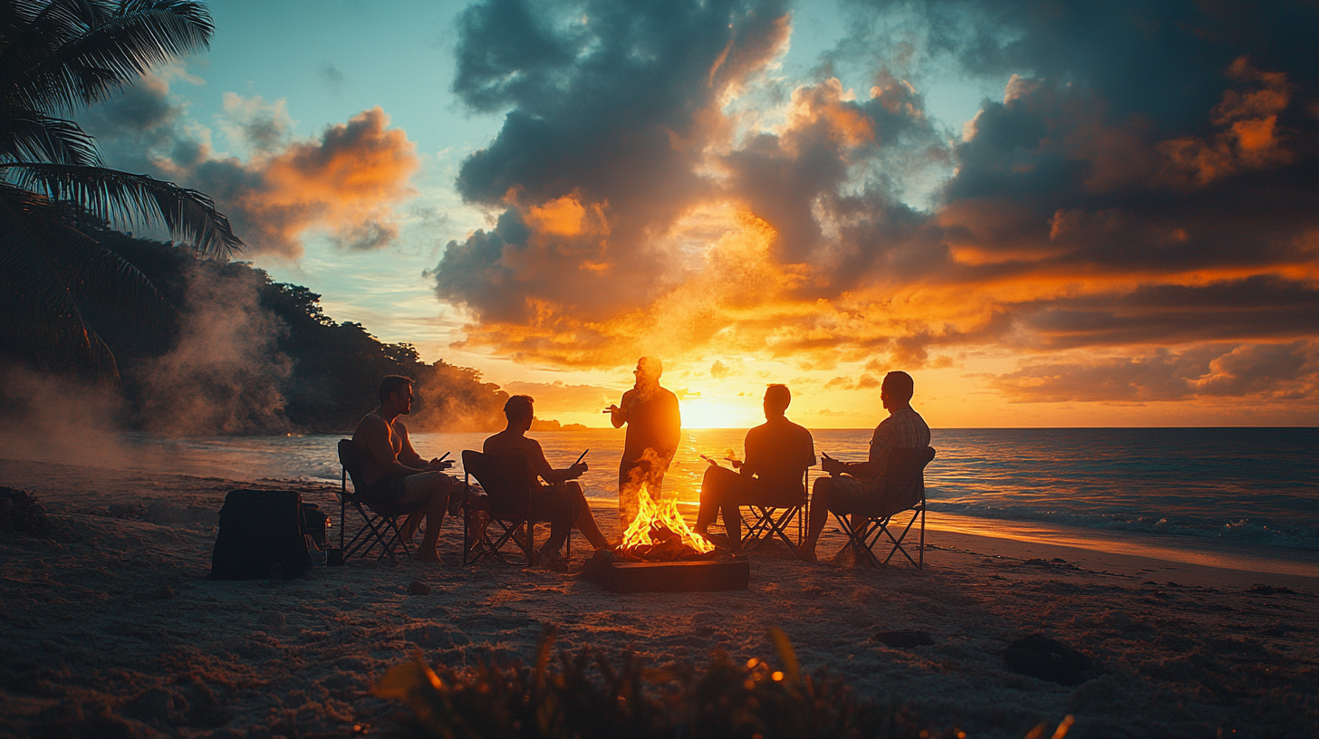 Men Socializing at Beach with Cigars during Sunset