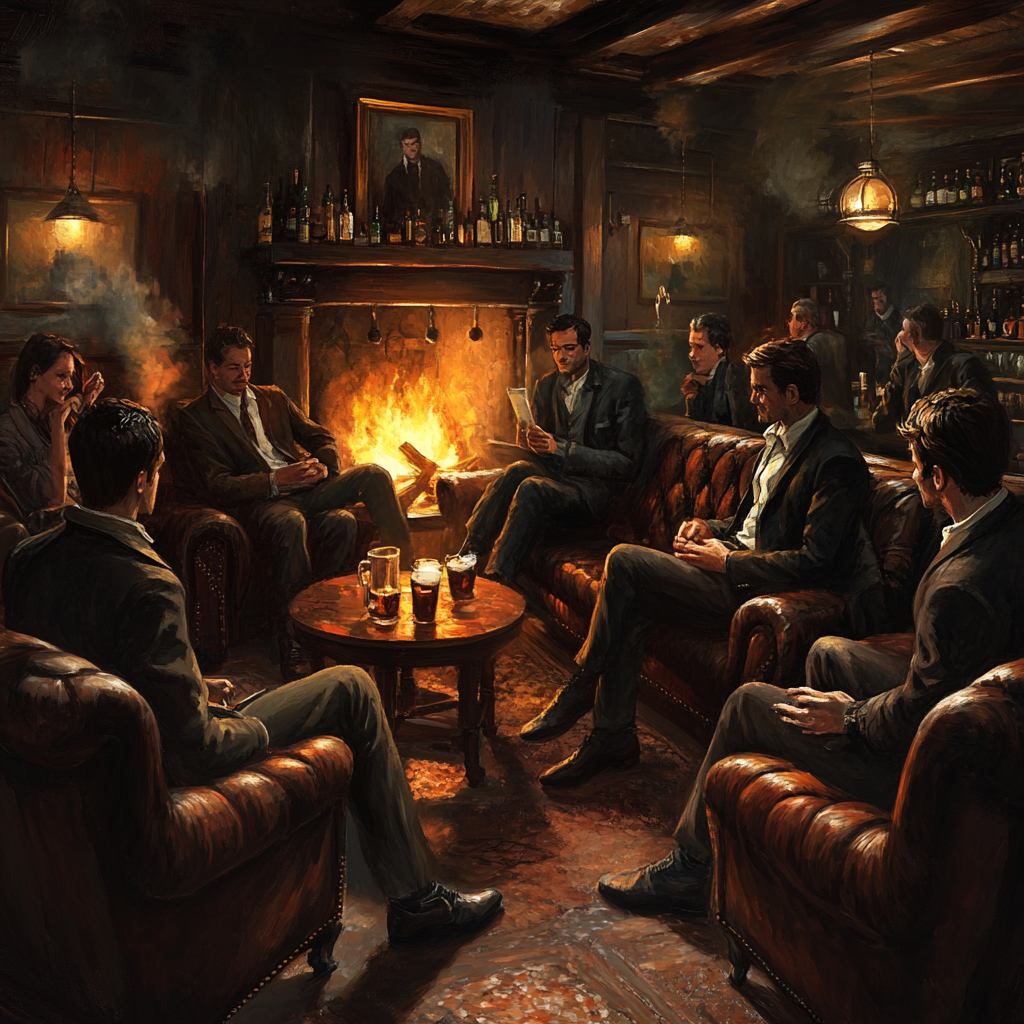 Men and women in a cozy bar talk.