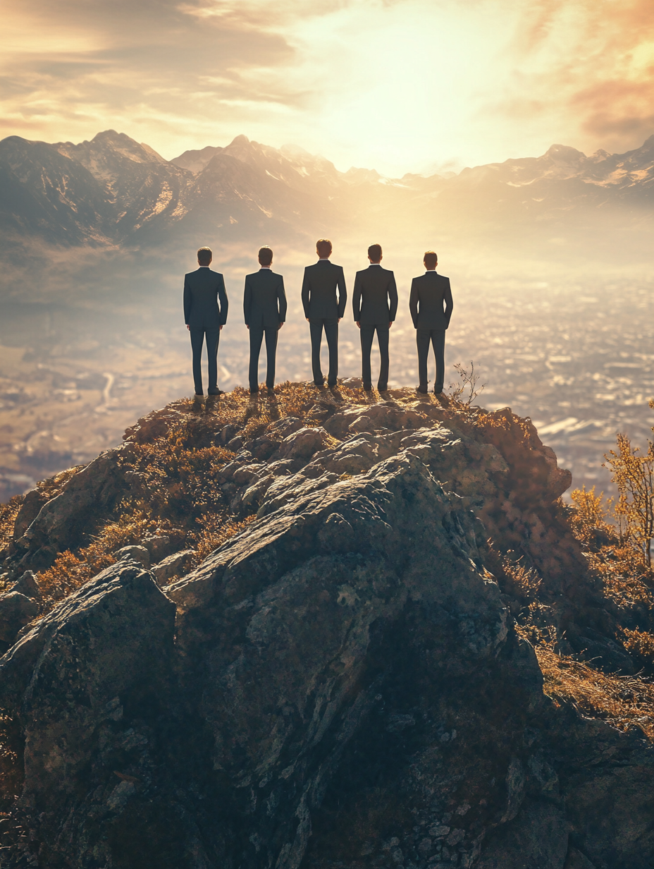 Men and women in suits on mountain admiring nature.