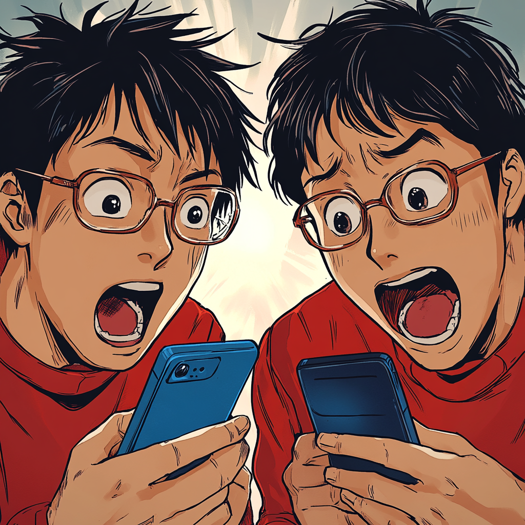 Men chat on phones in colorful manga drawings