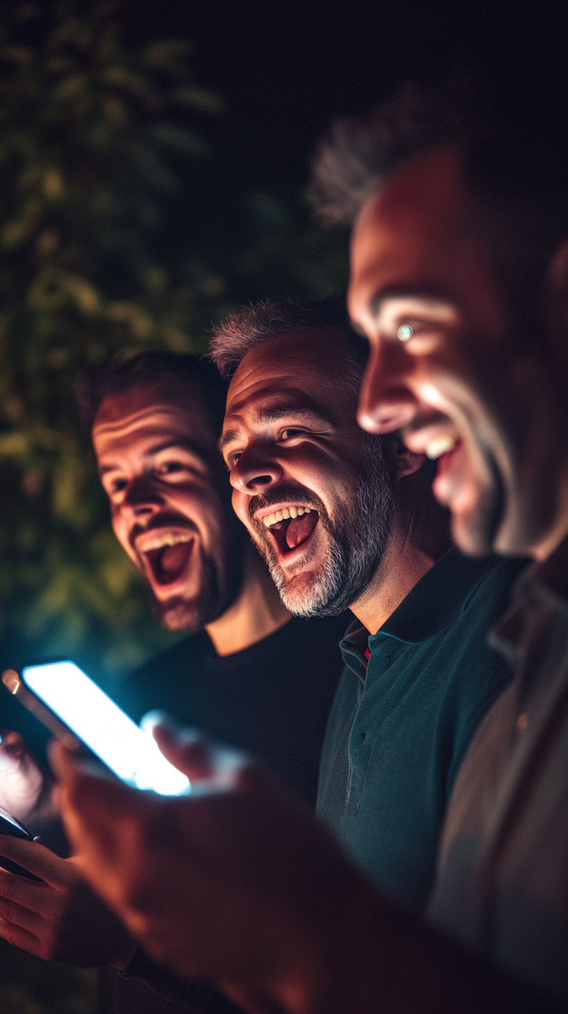 Men happily surprised by phone light.