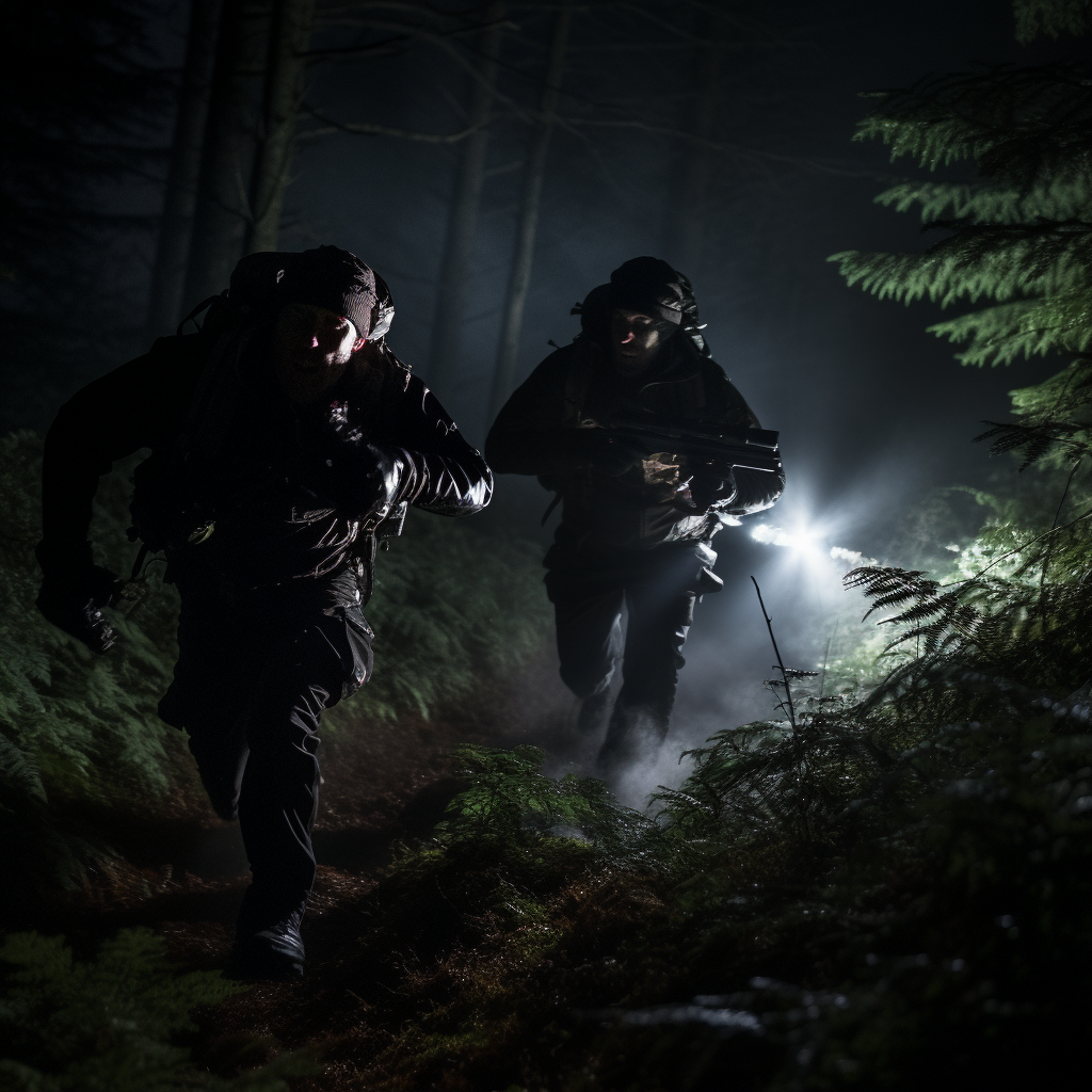 Men in black coats with rifles running in forest.