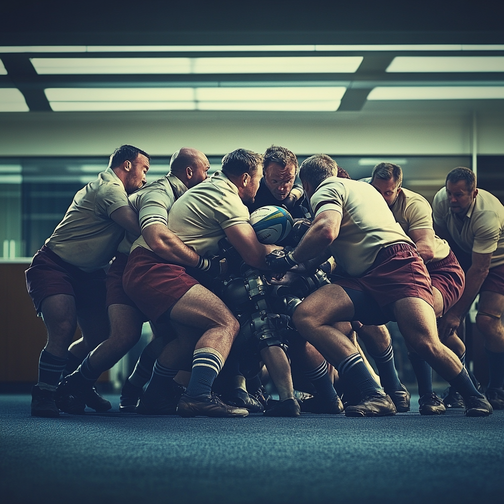 Men in industrial attire scrum in modern office environment.