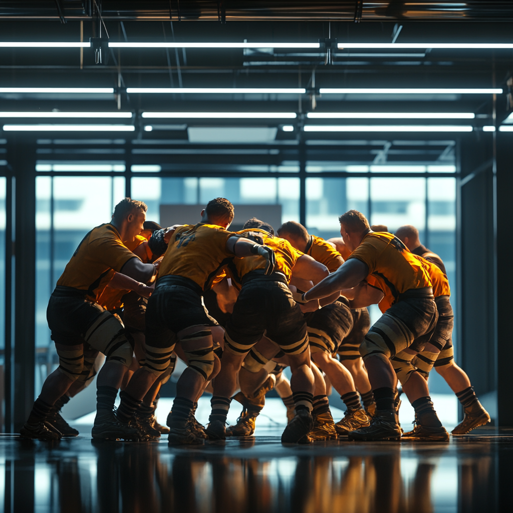 Men in rugged, machine-inspired workwear participate in an office scrum.