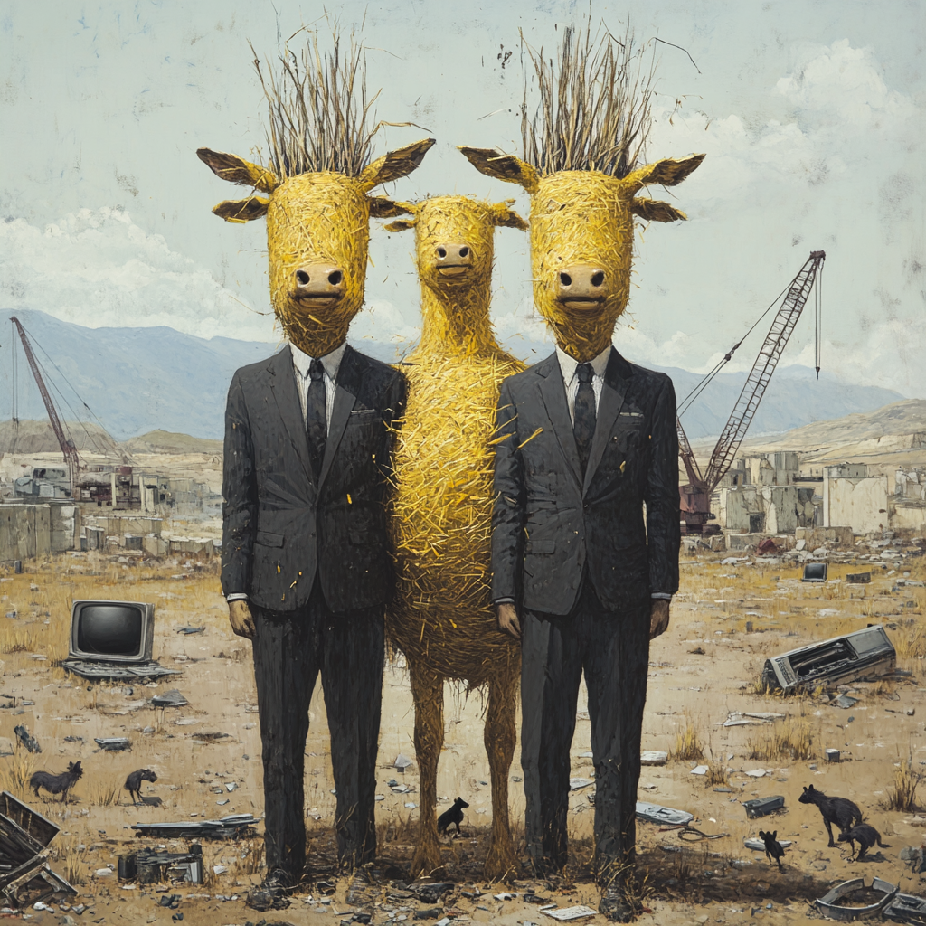 Men in suits with twig heads worship golden calf.