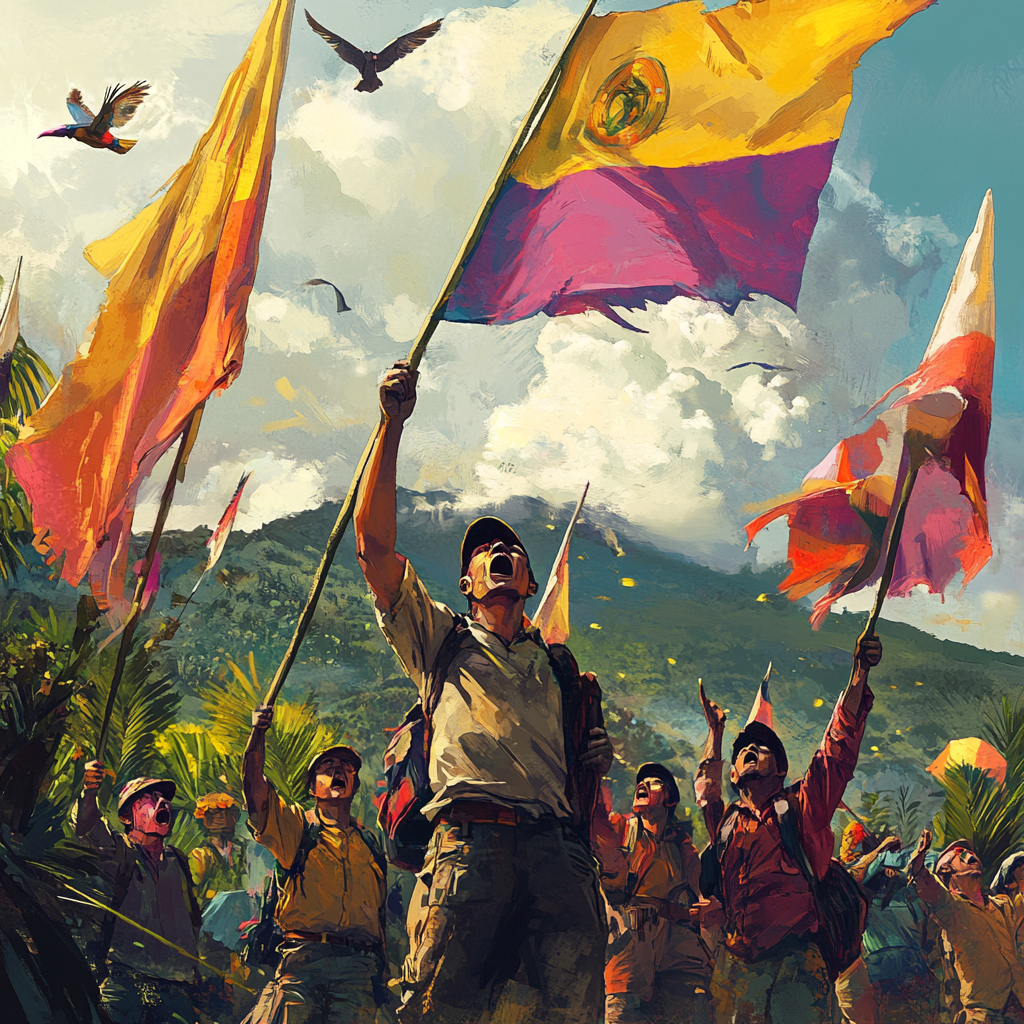 Men with flags shout for freedom in Colombia landscape.