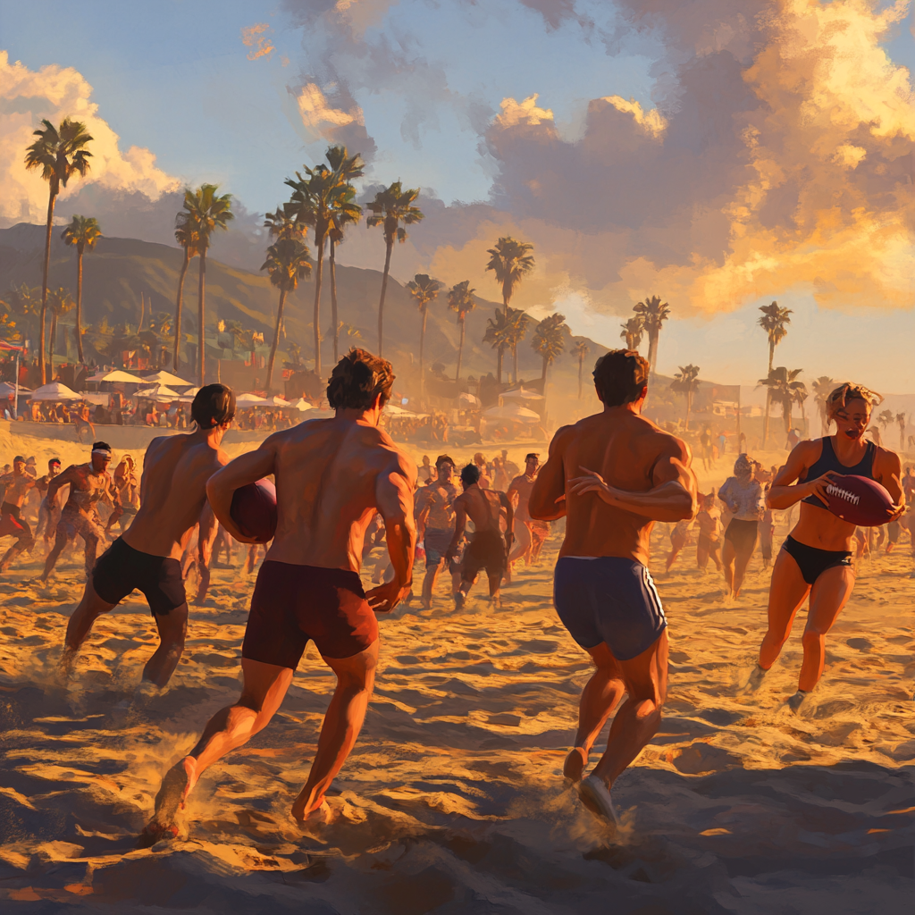 Men women play football on beach, southern California, sunset.