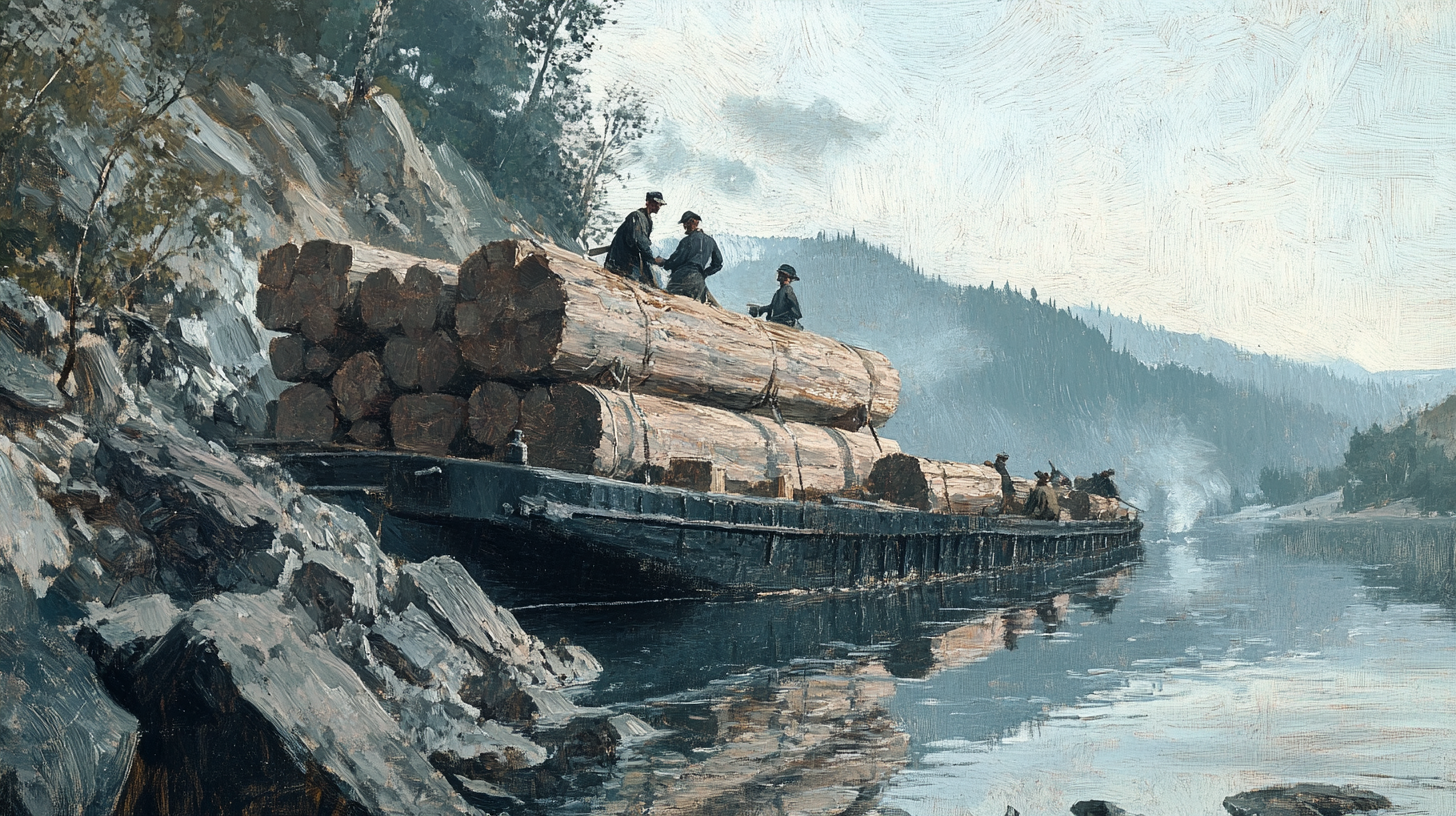 Men working near river, 1800s Norwegian style painting