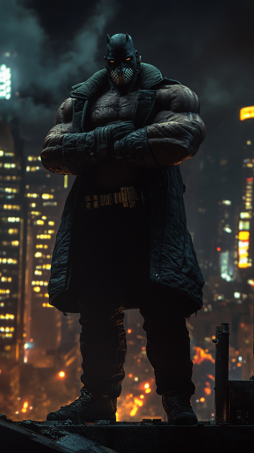 Menacing Bane surveys chaotic Gotham from rooftop.