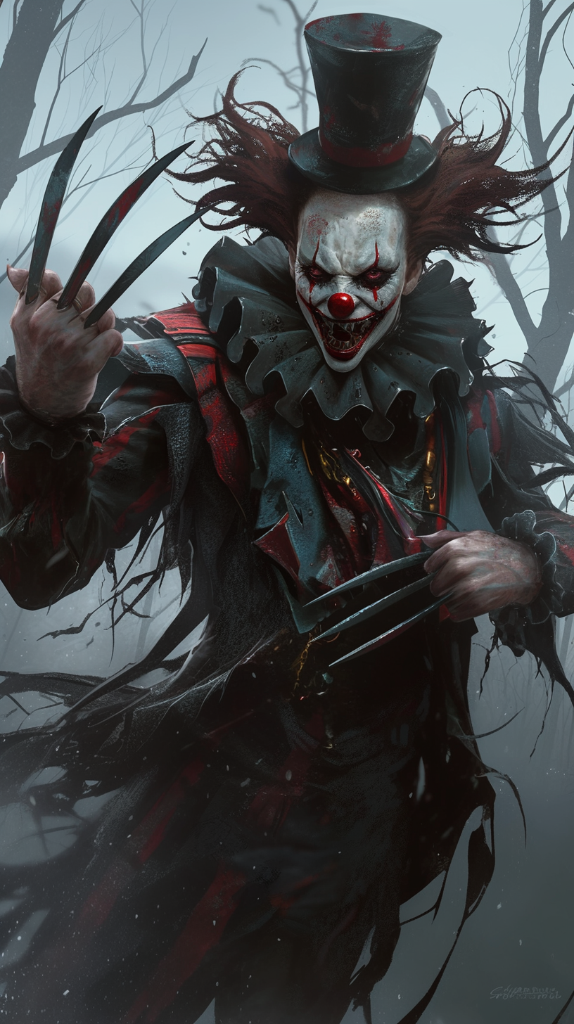 Menacing Clown in Dark, Spooky Forest Illustration