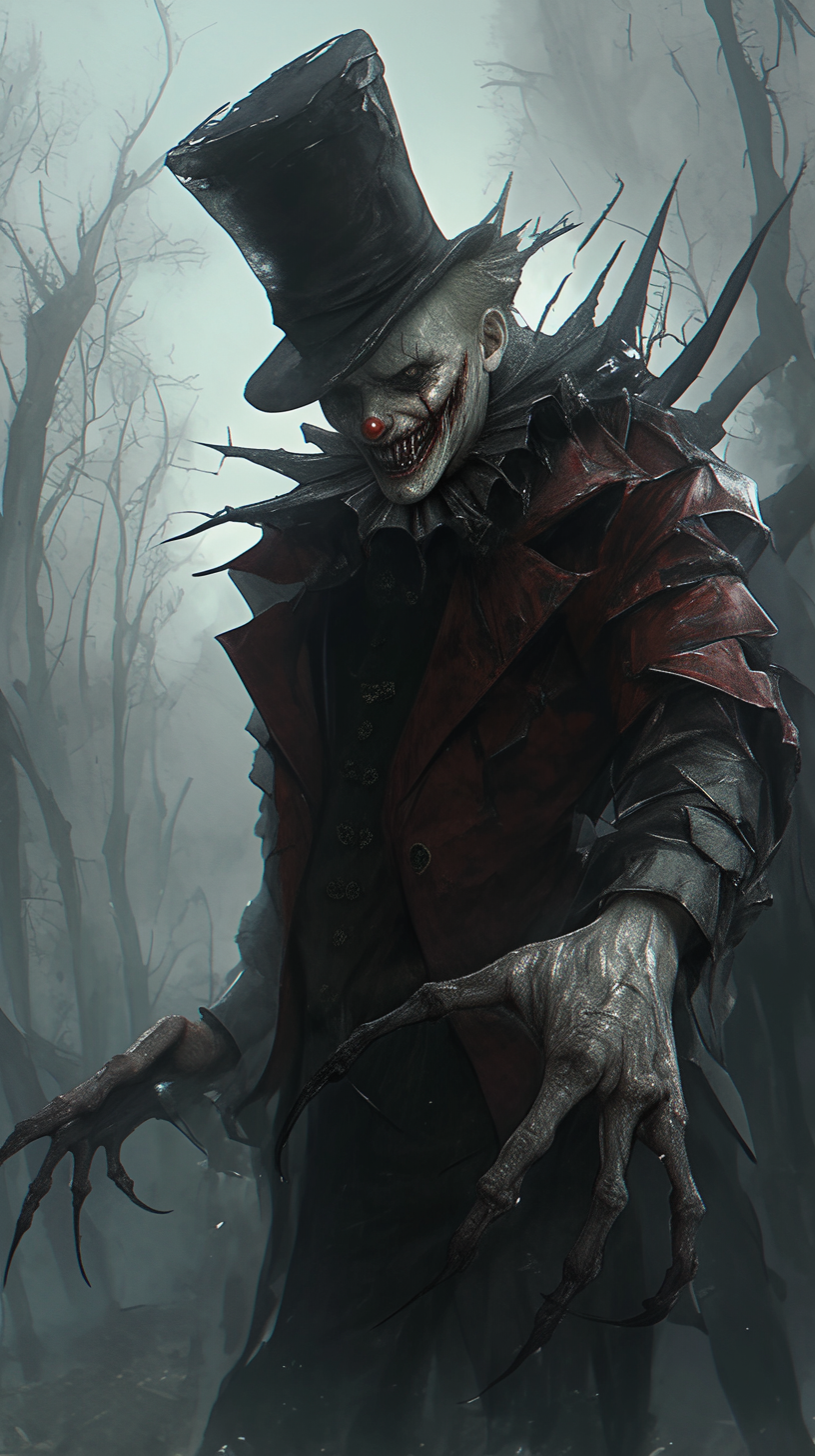 Menacing Clown in Spooky Forest: A Dark Scene