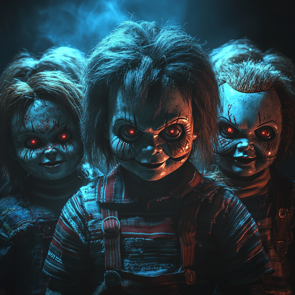 Menacing chucky dolls in eerie 90s horror composition.