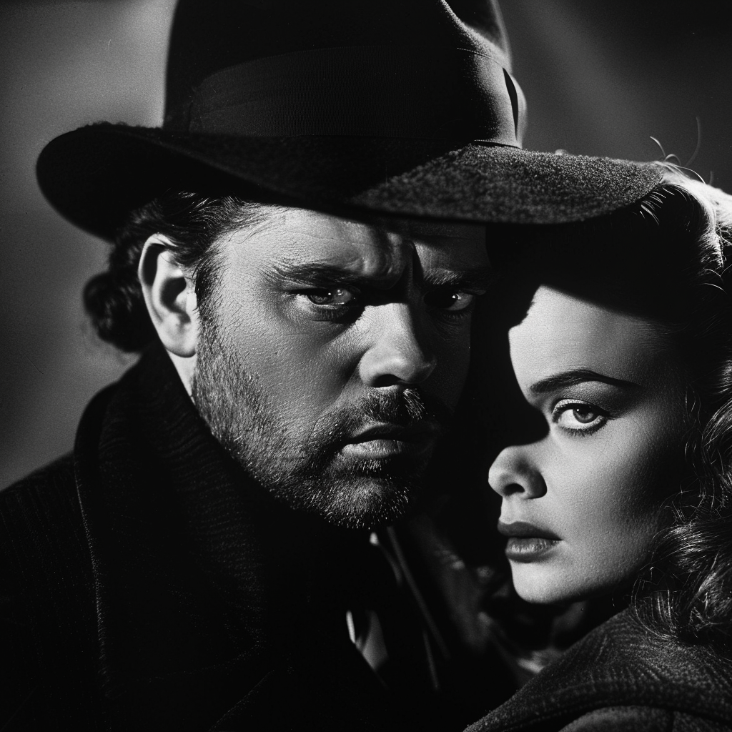 Menacing man in large fedora with woman dramatically.