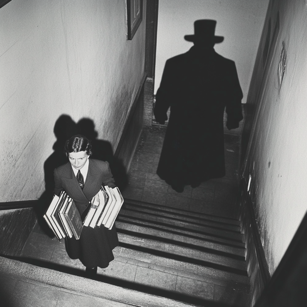 Menacing shadow approaches as woman descends with heavy books.