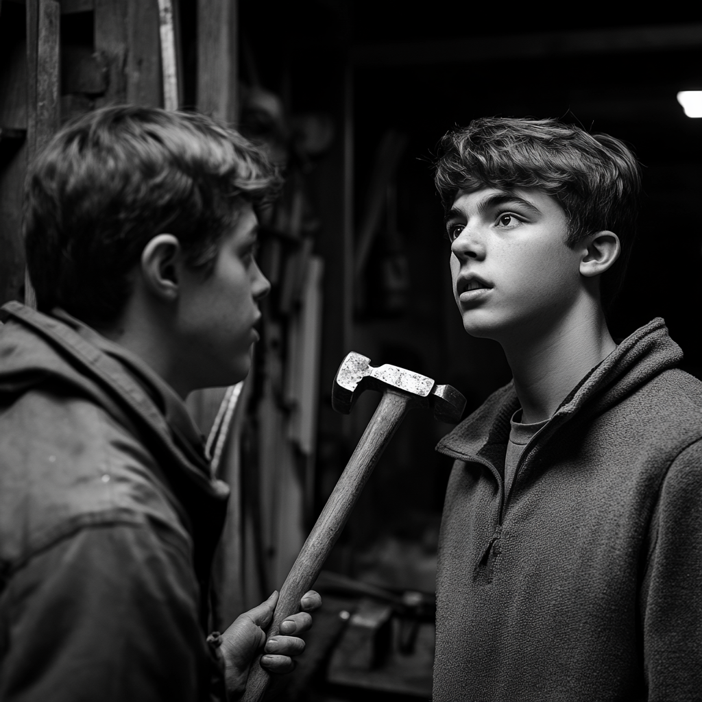 Mentor passing hammer to young man in workshop.