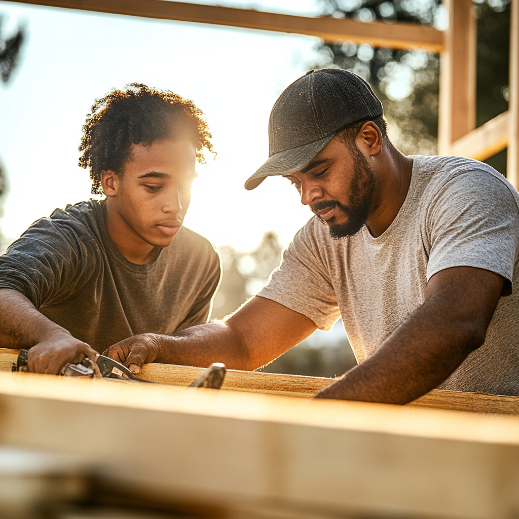 Mentor teaching young man construction, building house frame. Hopeful.