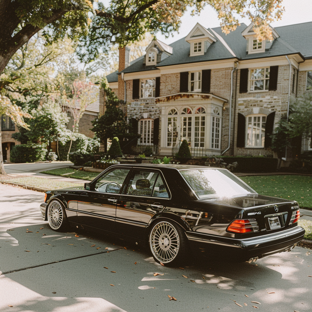 Mercedes E200 in front of mansion, Nikon DX lens.