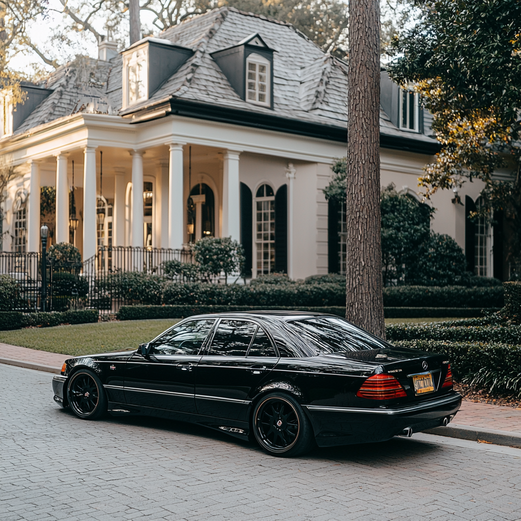 Mercedes E200 in front of mansion, Nikon lens, daylight.