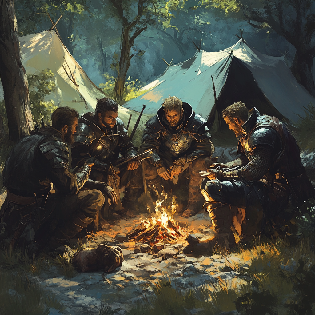 Mercenaries in platemail armor at campfire, plotting ambush.