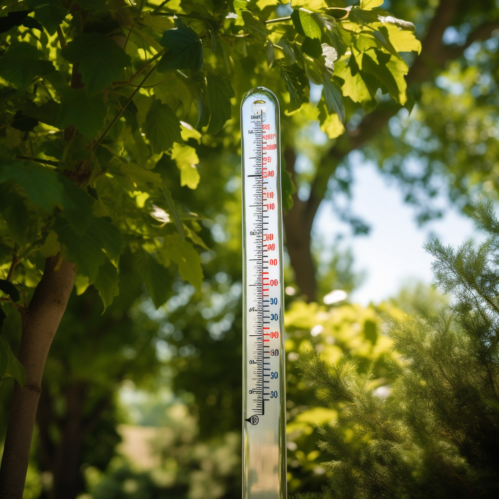 Mercury thermometer showing warm temperature under lush tree