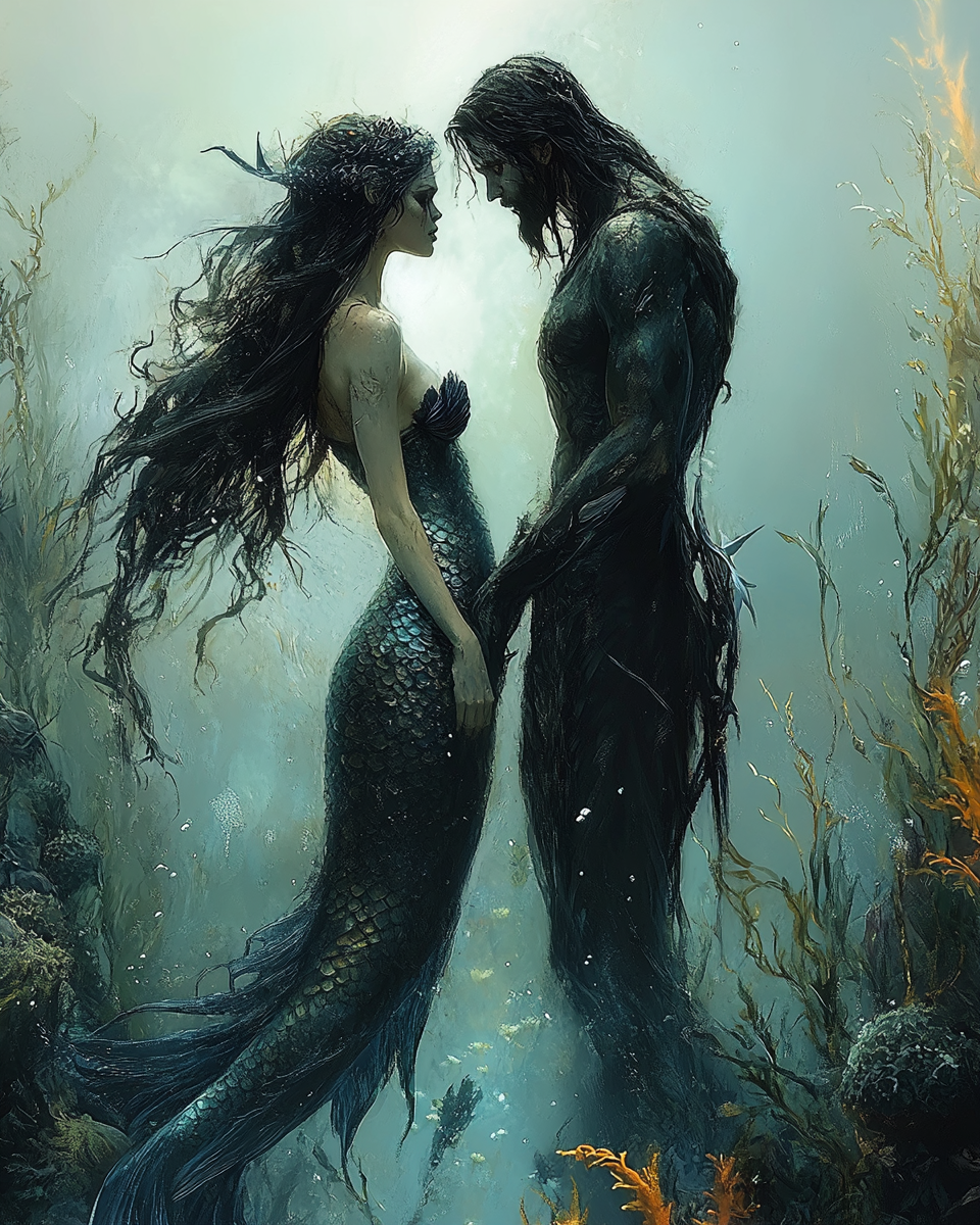 Mermaid witch with Merman warlock casting spell underwater