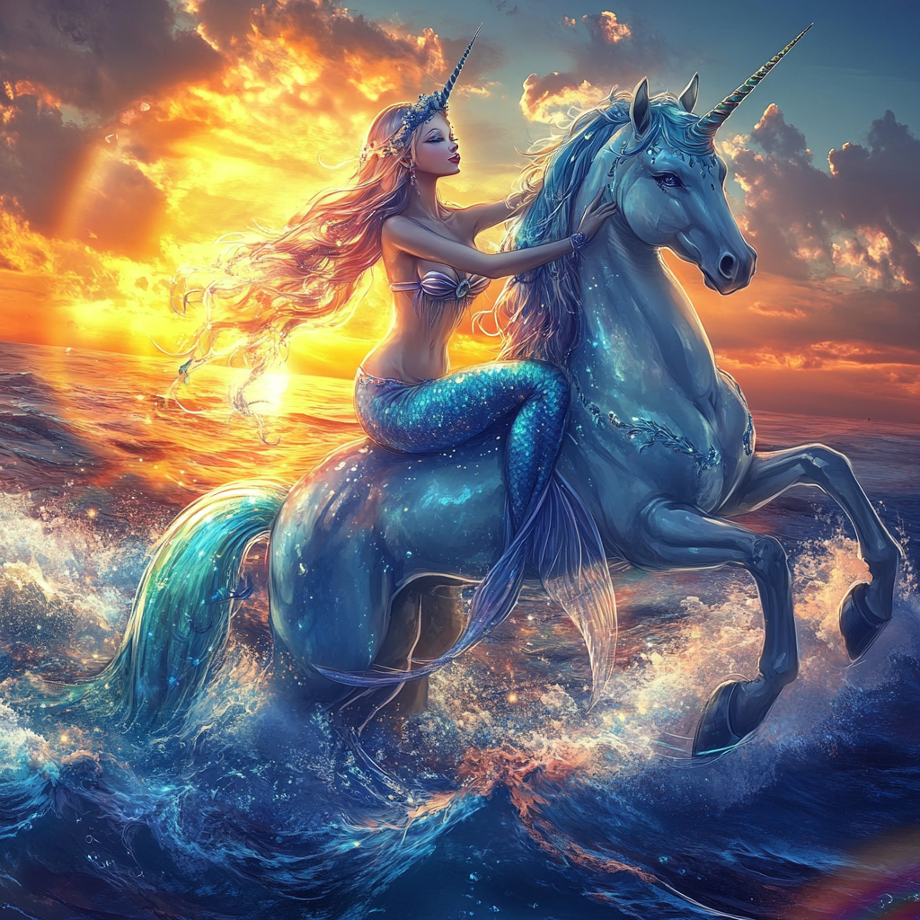 Mermaid with light skin sits on a special blue unicorn