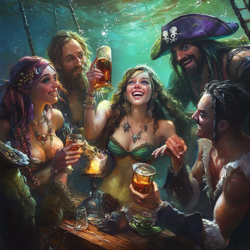 Mermaids give rum to pirates on ghost ship