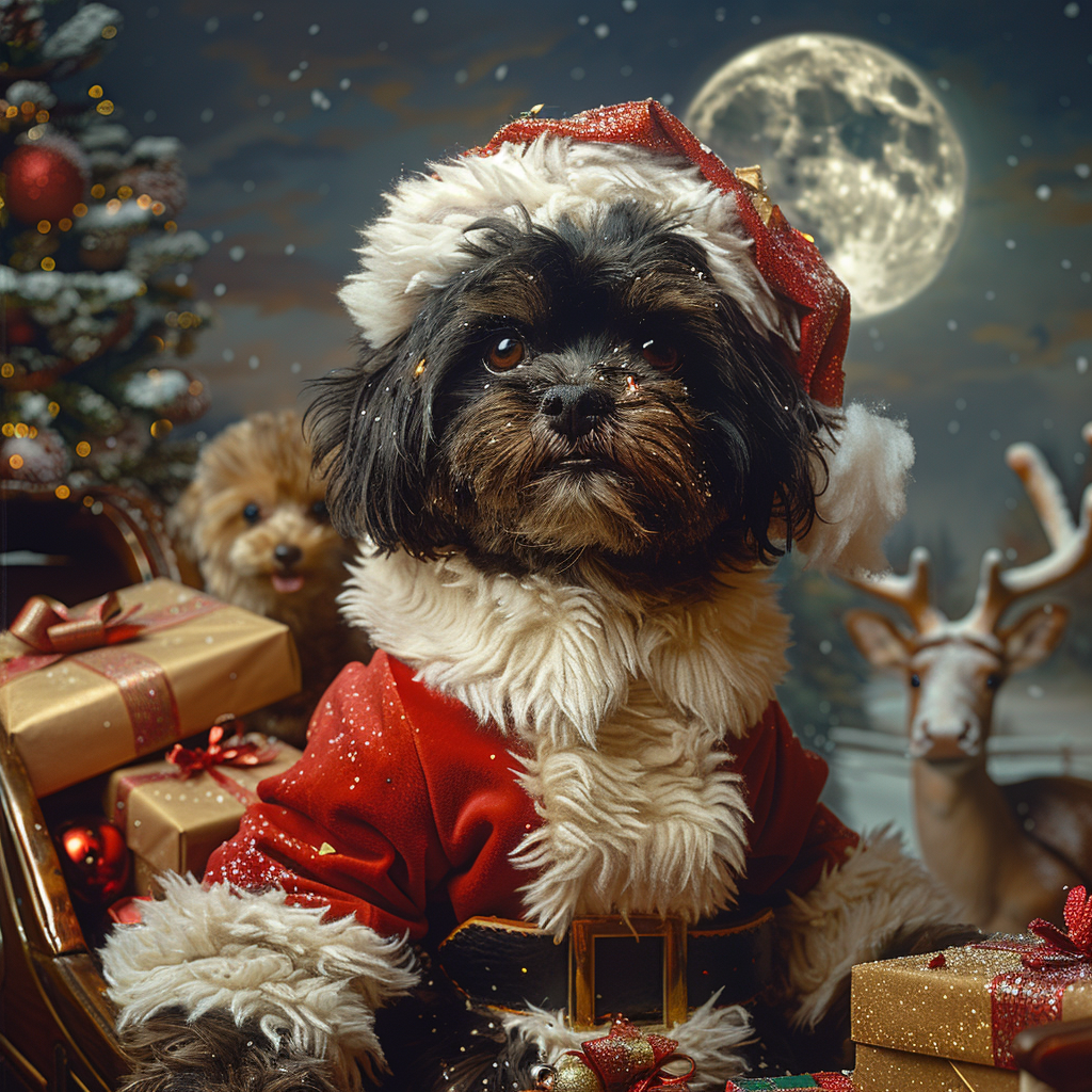 Merry dog in sleigh with gifts under moonlight.