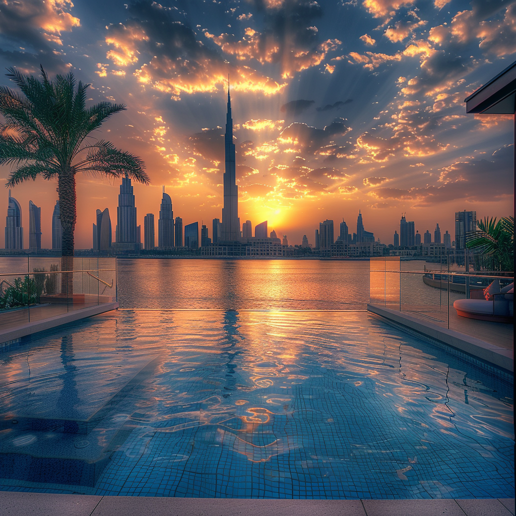 Mesmerizing Dubai skyline viewed from luxurious rooftop pool