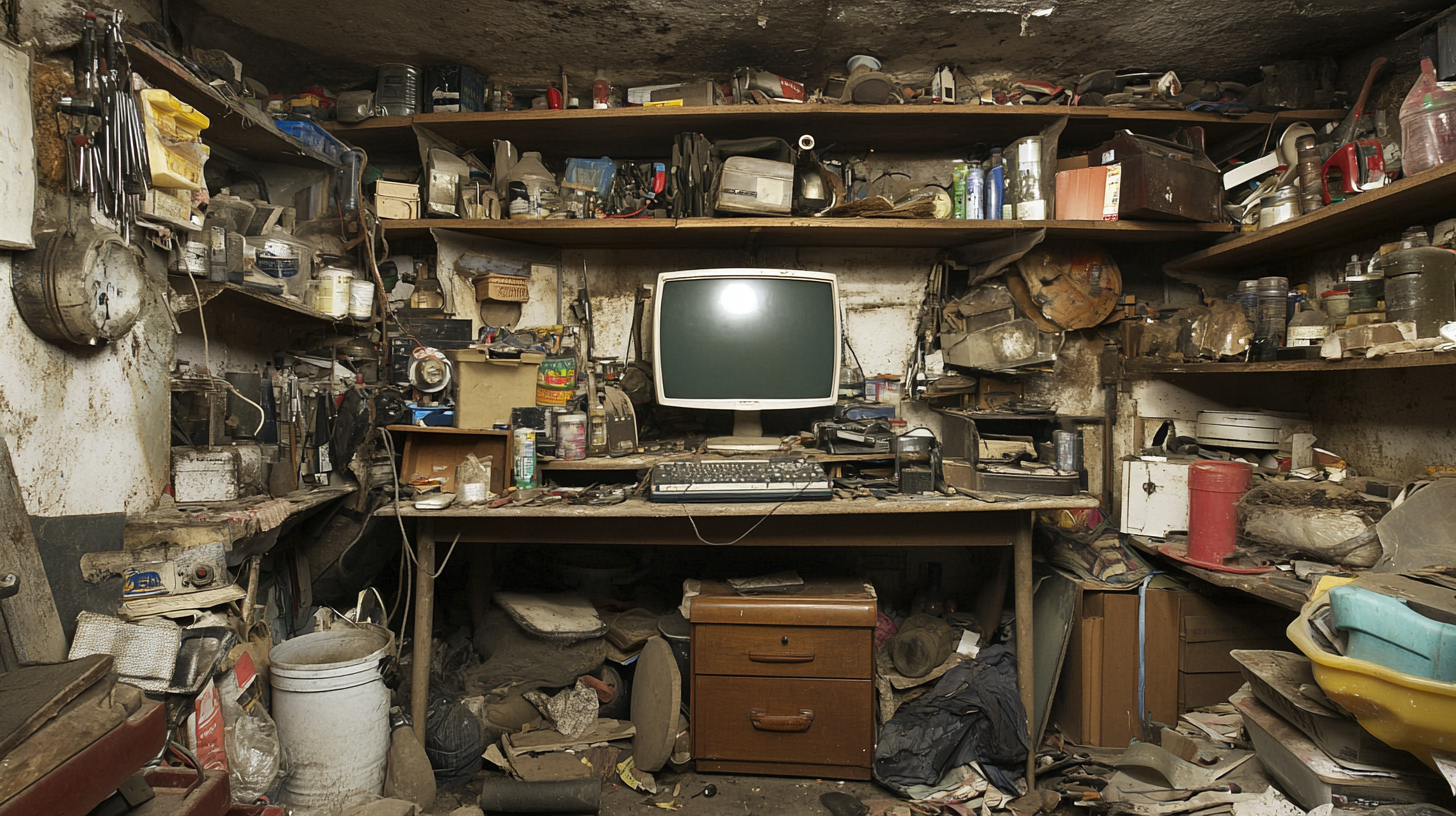 Messy Basement Art Studio with Clutter and Computer