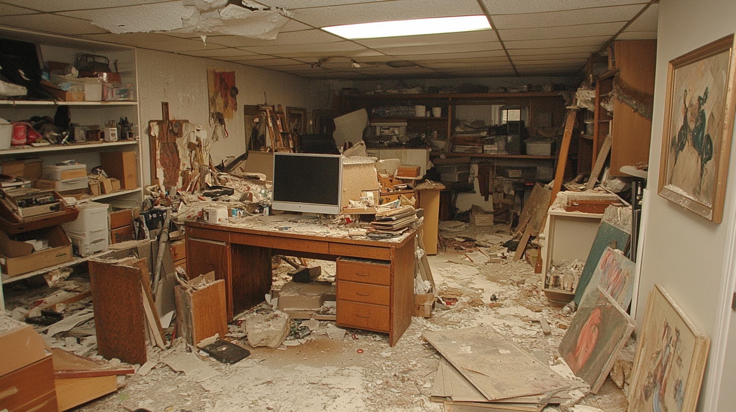 Messy Basement Art Studio with Computer Desk and Clutter