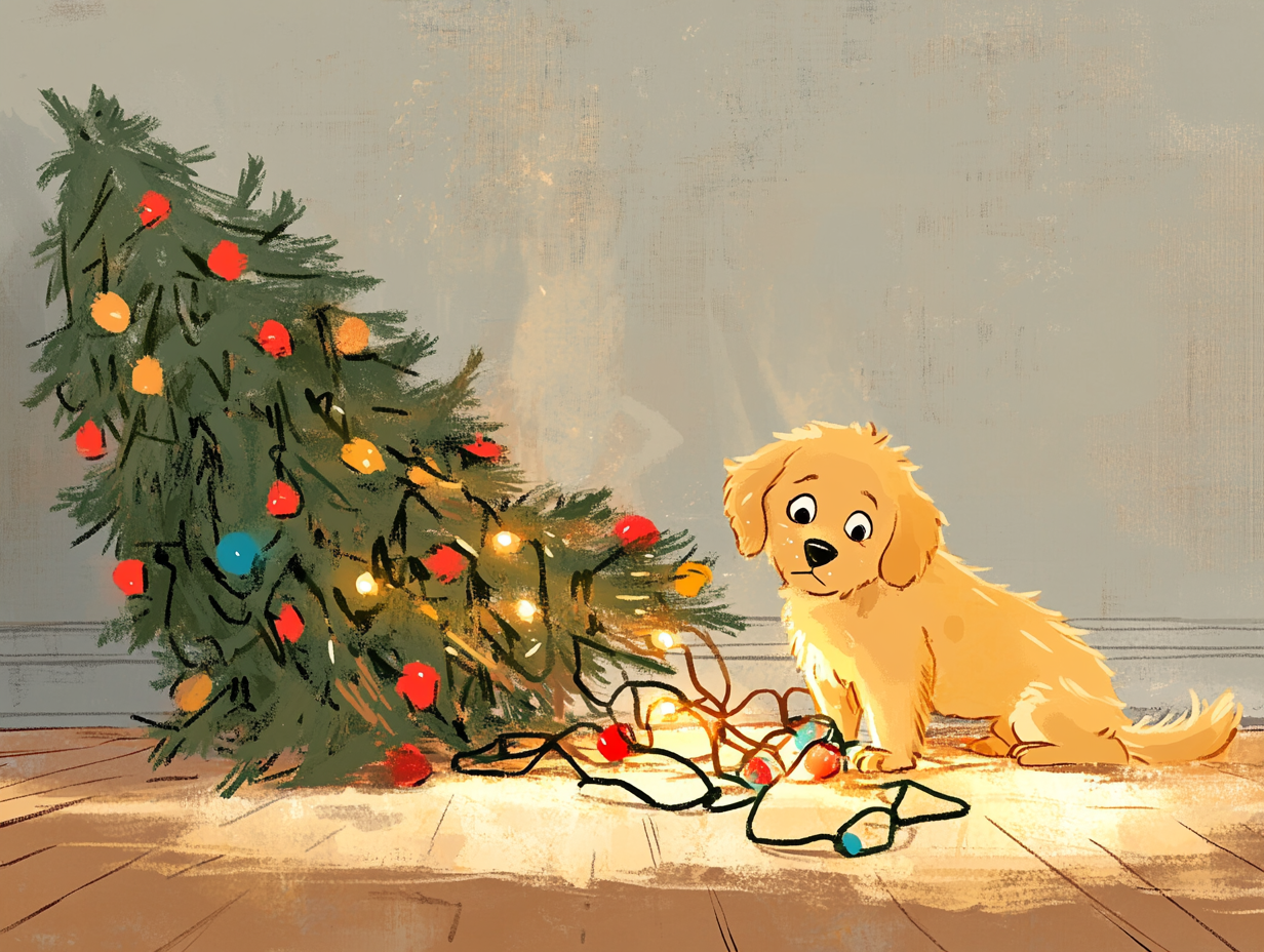 Messy Christmas scene with wrecked tree, puppy looking guilty.