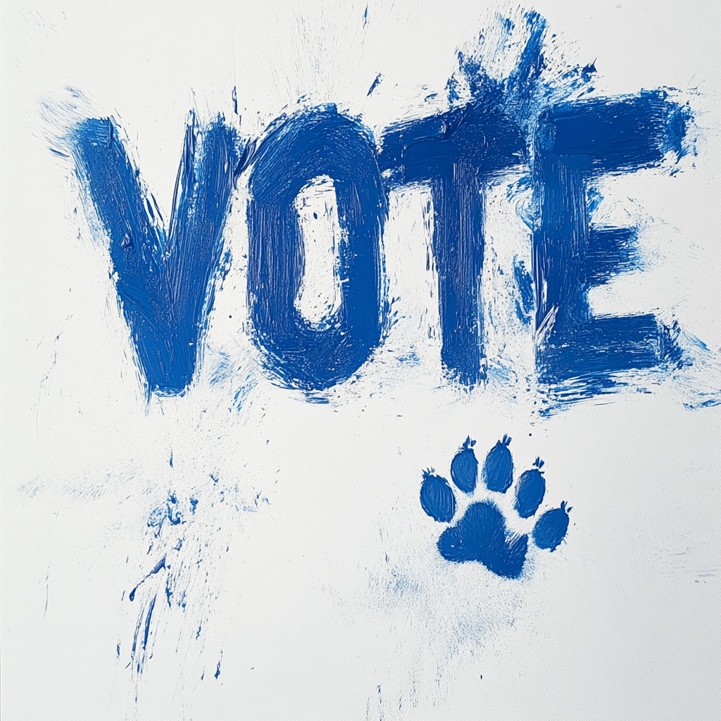 Messy blue VOTE with smudged paw print.