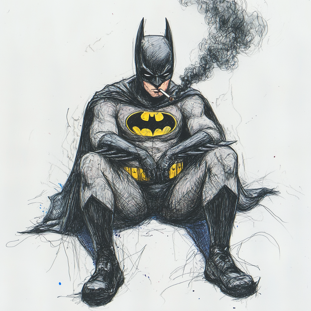 Messy children's drawing of Batman reflecting with cigarette.