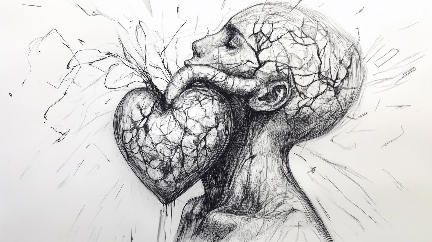 Messy sketch of figure opening heart to dreams.