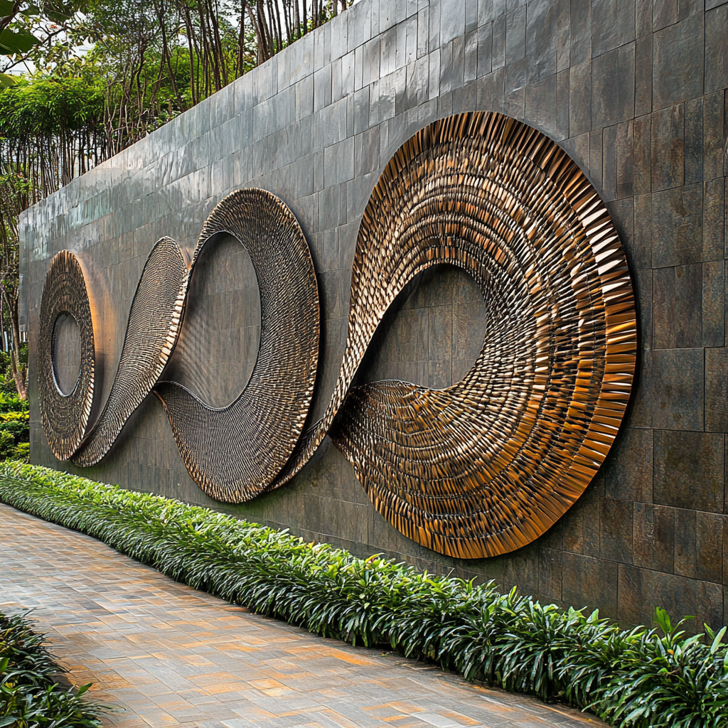 Metal art wall with logos and geometric structure.