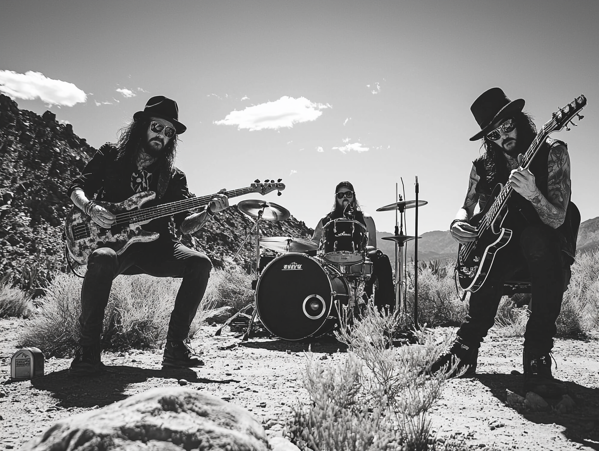 Metal band musicians in desert for black and white photo 