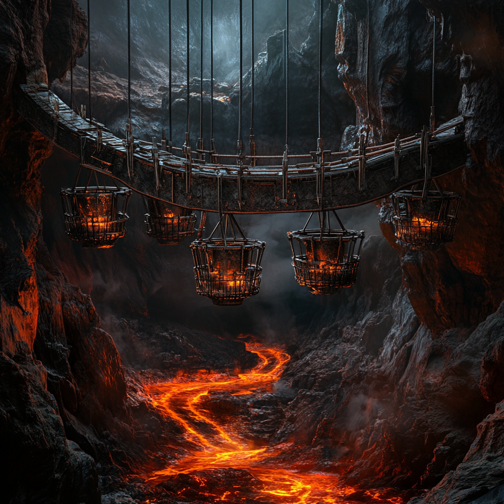 Metal baskets suspended over lava in fantasy mine dungeon.