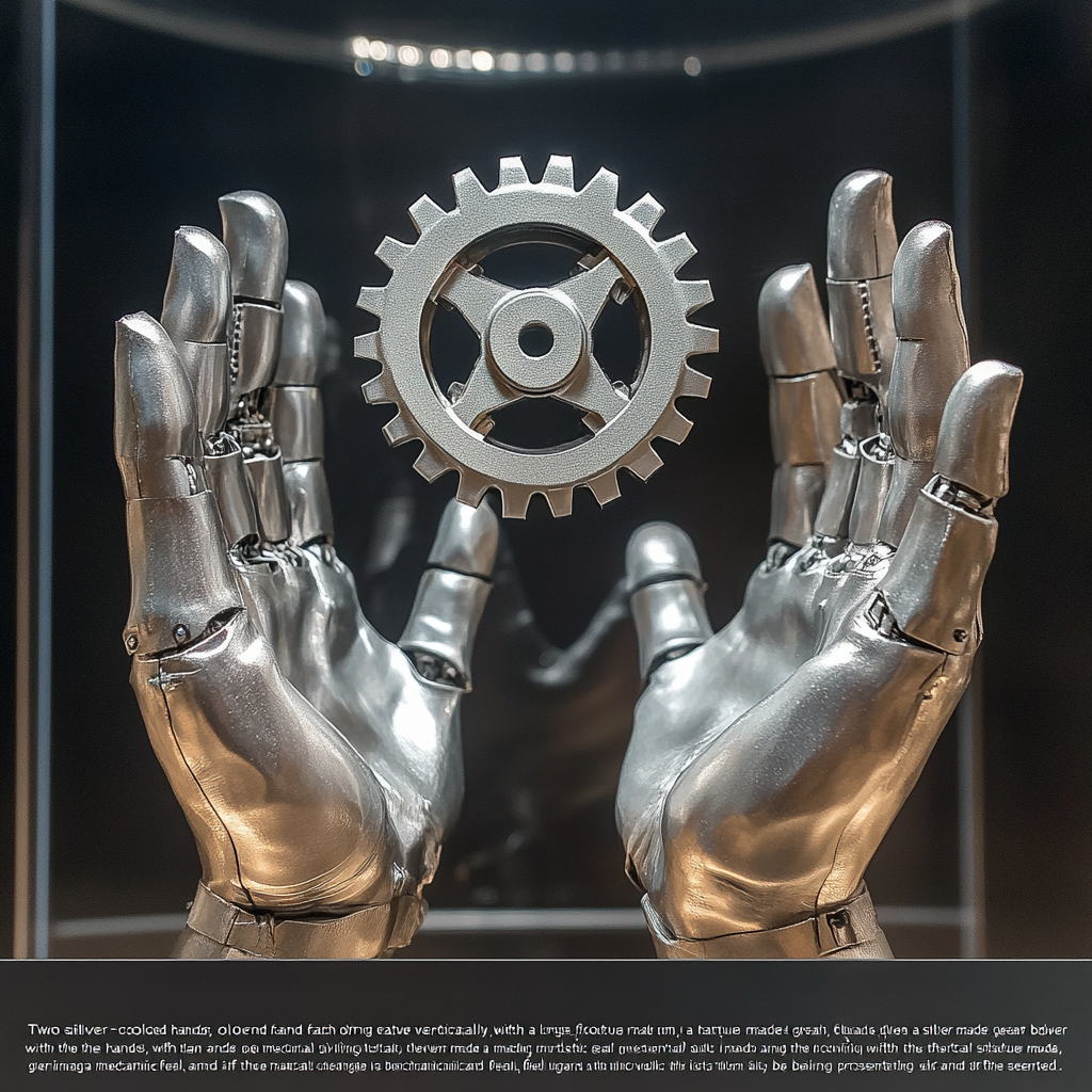 Metal hands holding silver gear, mechanical and artistic.