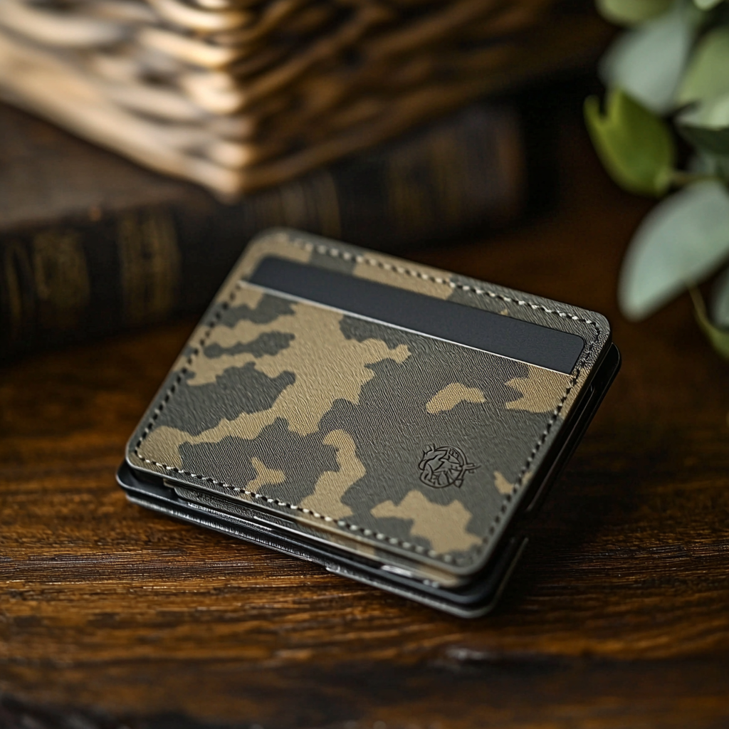 Metallic card holder with urban camo design, masculine and modern.