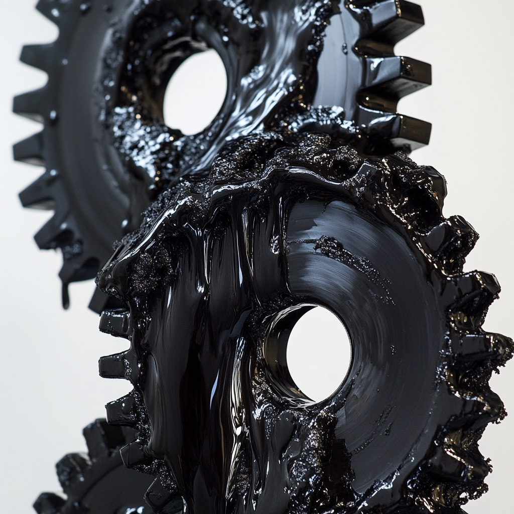 Metallic gears covered in glossy grease on white background.