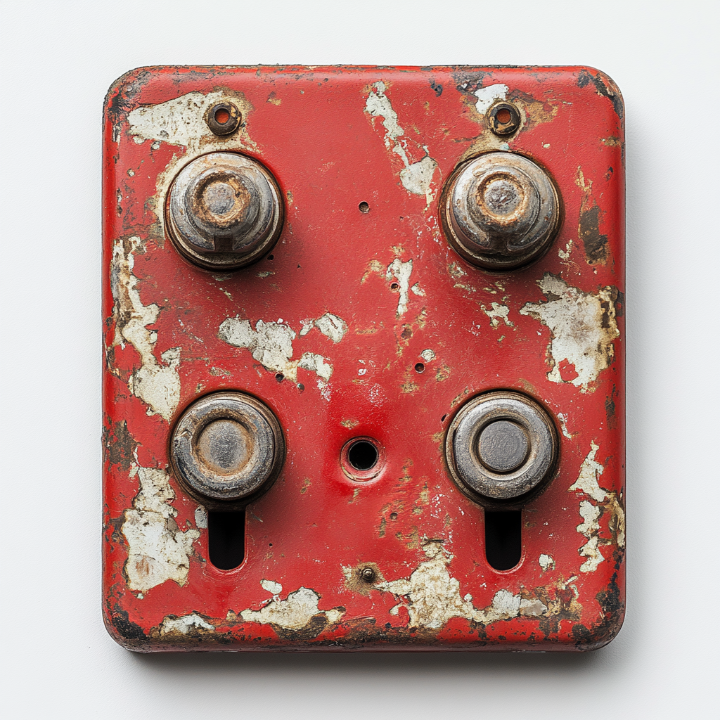 Metallic switch with red base, three metal prongs, viewed from above.