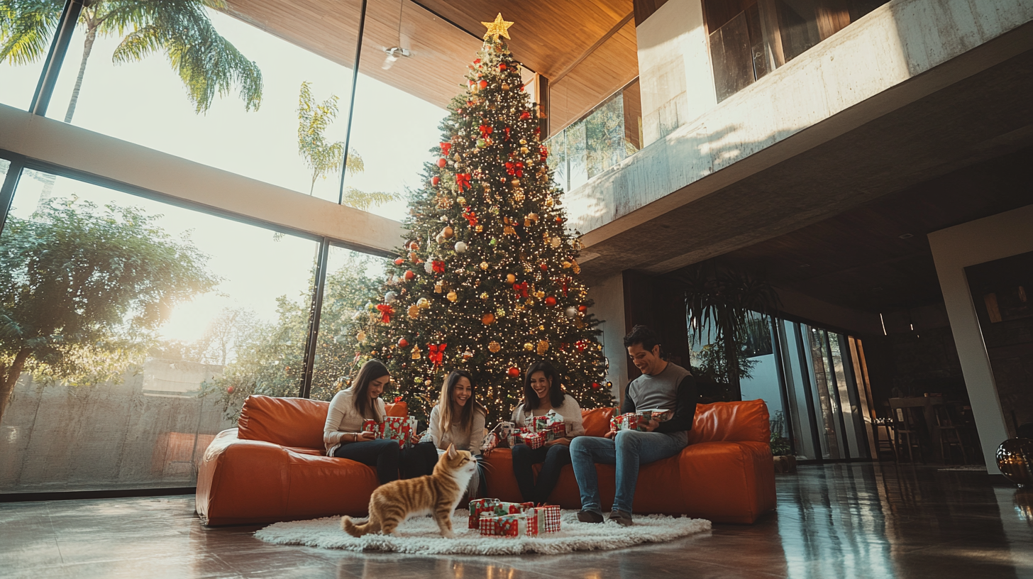 Mexican Christmas Celebration with Happy Family and Pets