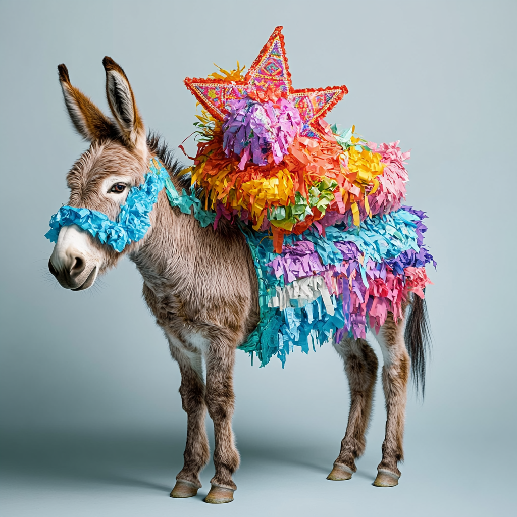 Mexican Donkey Carries Colorful Piñata on Back