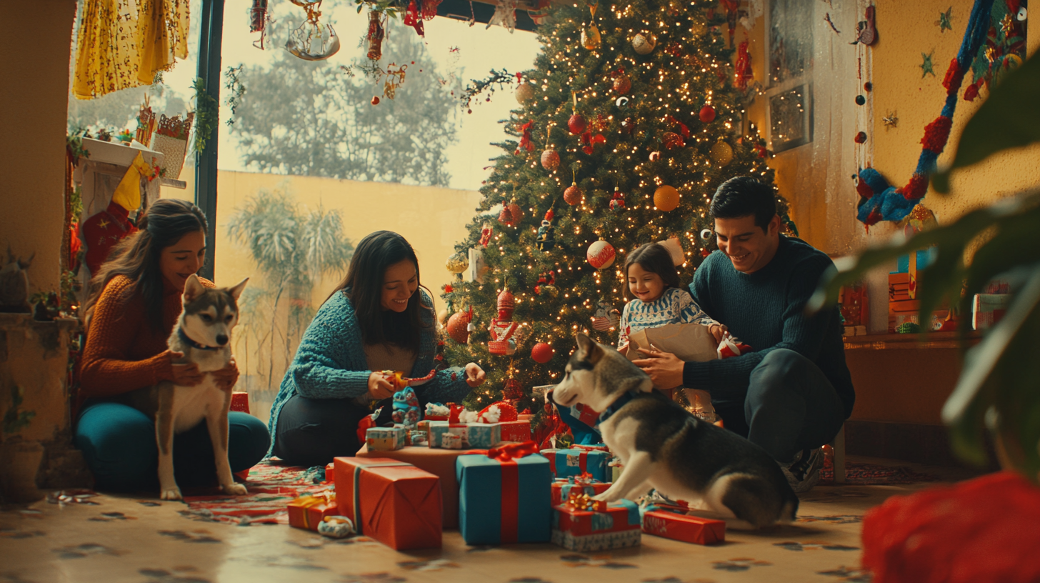 Mexican Family Celebrates Christmas with Pets: Full Scene