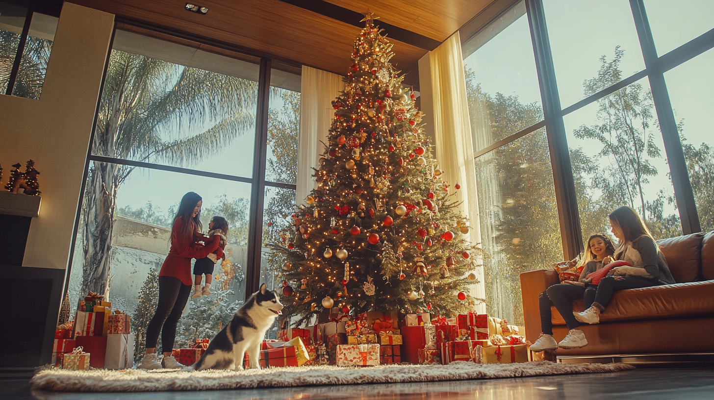 Mexican Family Christmas Celebration with Gifts and Pets