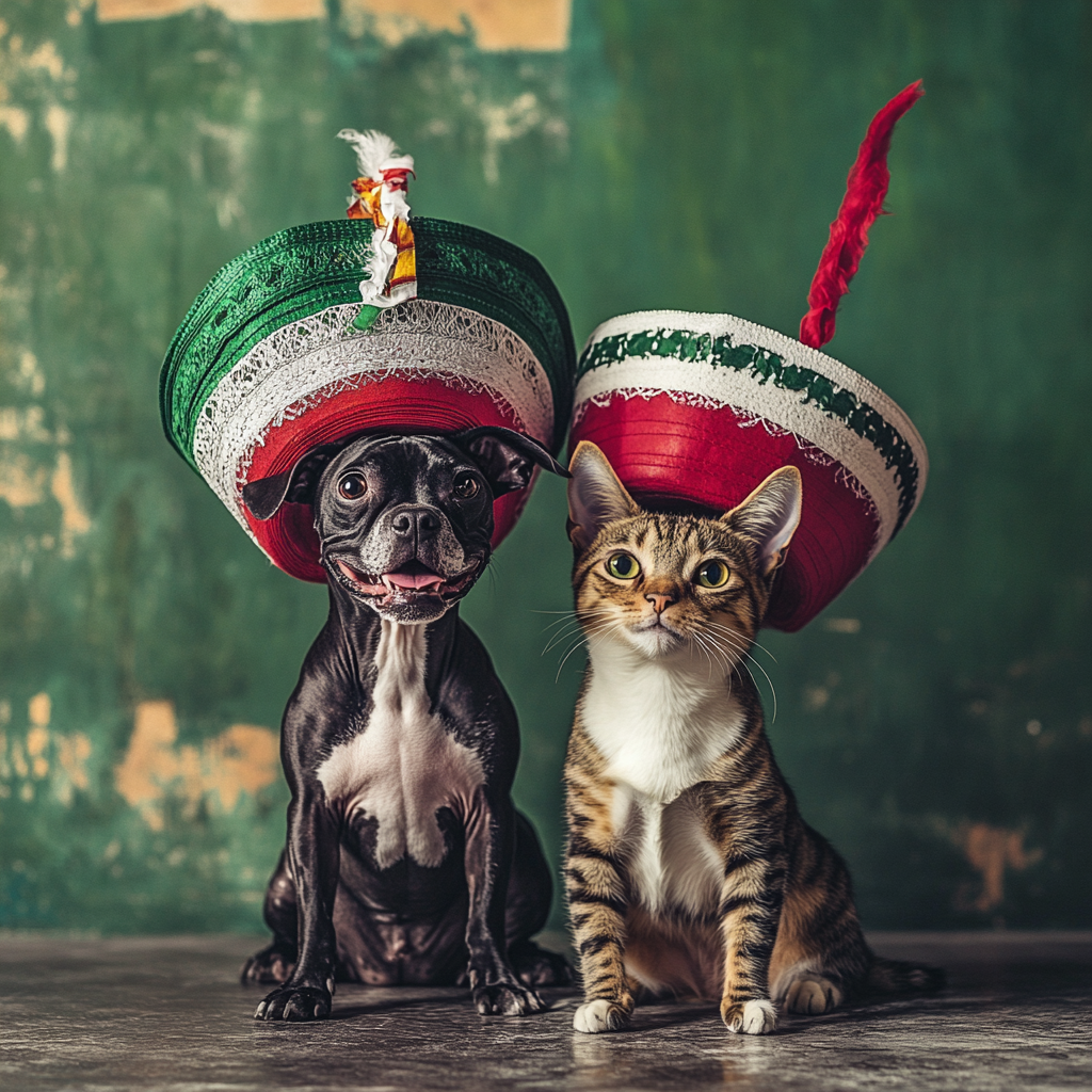 Mexican Independence Day Celebration with Xoloitzcuintle and Cat