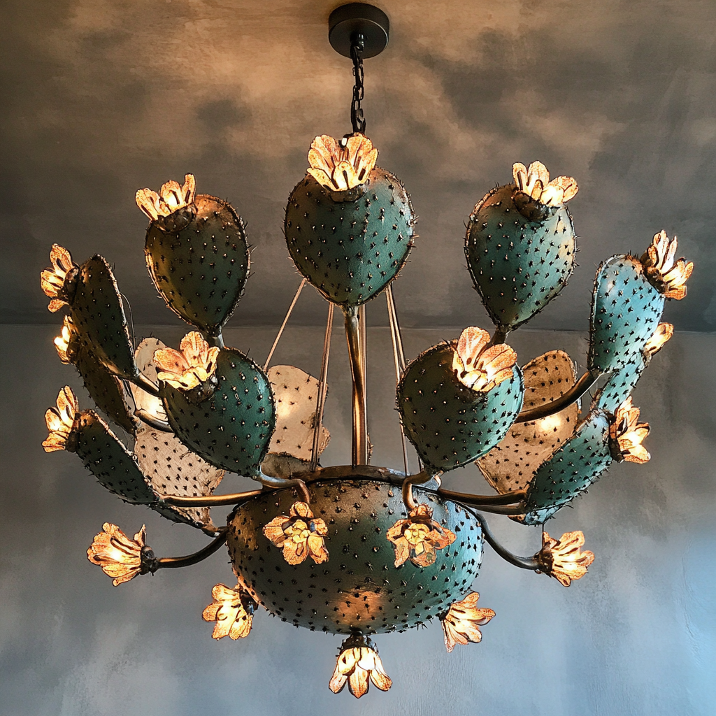 Mexican Nopal chandelier with abstract cactus flowers design.