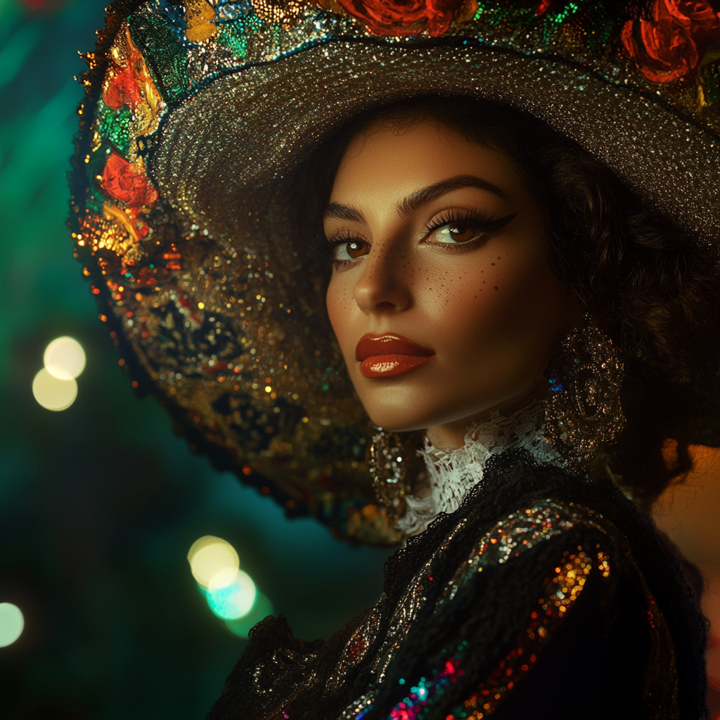 Mexican Woman Mariachi Celebrating Independence in Night Lighting